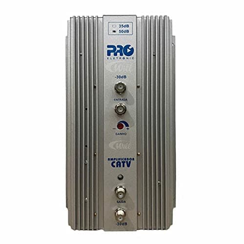 Amplificador de potência PQAP-7500G2 da Proeletronic, fundo branco, controles e botões, texto azul e preto