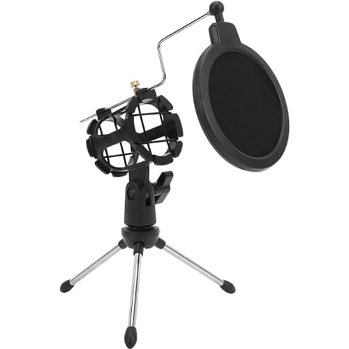 Suporte para microfone com tripé compacto em preto, filtro anti-pop e estrutura de metal