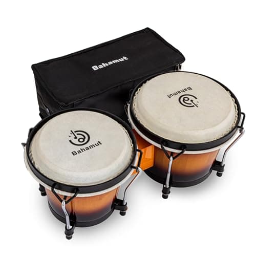 BAHAMUT Conjunto de bateria bongô, bongôs de madeira de 15 cm + 18 cm, presente para adultos iniciantes, percussão ideal para educação e prática, vem com chave de afinação e bolsa à prova d'água