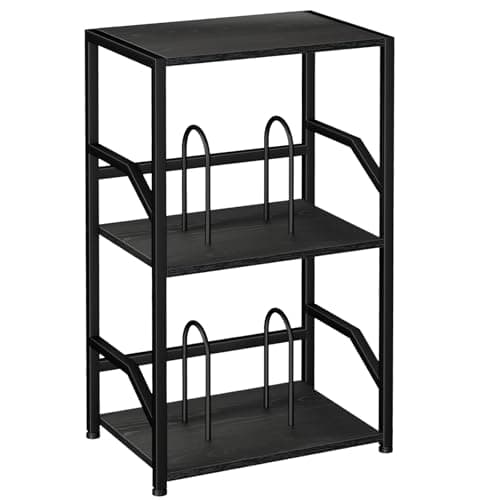 LOAKEKEL Suporte para toca-discos com armazenamento de vinil, mesa de canto de 3 níveis com prateleira, suporte alto para toca-discos com divisórias removíveis comporta até 200 álbuns para sala de