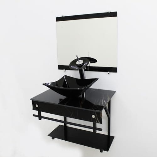 Gabinete de Vidro para Banheiro 50x40cm com Cuba Quadrada, Espelho e Válvula Click (Mármore Preto)