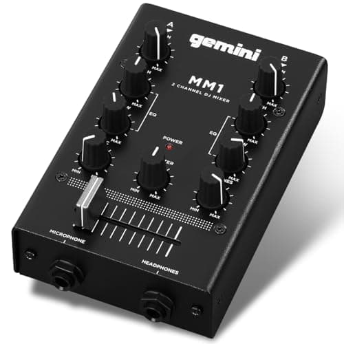 Mixer de áudio profissional Gemini MM1, 2 canais, preto, com botões rotativos e controles deslizantes.