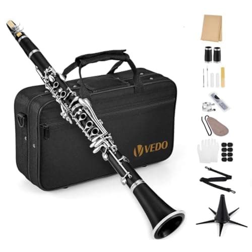 VEDO Clarinete Bb, Madeira de Grenadilla entonação estável, teclas banhadas a níquel duráveis, incluindo estojo elegante, barril, kit de limpeza completo de clarinete preto