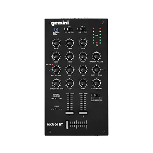 Mixer de DJ Gemini de 2 canais com Bluetooth, equalizador de microfone, controle de curva Crossfader, construção de metal resistente, RCA/saídas balanceadas, design compacto Pro (MXR-01BT)