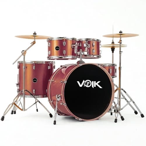 Bateria Acústica Voik BAM22-RC Cor Red Copper Brilhante Bumbo 22" Caixa Com Botão de Ajuste Fino Na Vibração 8 Peças Maquina de Chimbal Completa Com Pratos + Banco e Baqueta P/Iniciantes FOCUS Séries