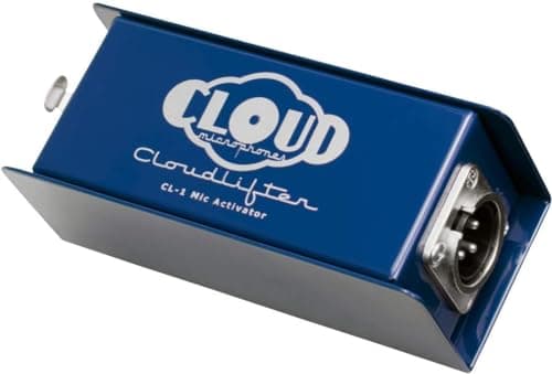 Ativador de microfone Cloudlifter CL-1 da Cloud Microphones, azul e cinza, com conector XLR e logotipo branco.