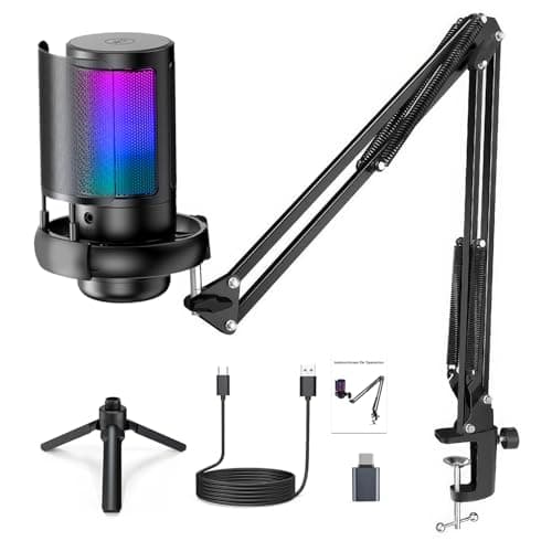 Microfone USB Gaming PC, Microfone RGB para PC/Notebook, Mic with Boom Arm, Microphone Condensador de mesa/Braço, Live, Podcast, Gravação de Audio, Karaoke, Gamer Youtuber DJ.