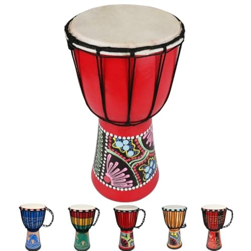 Tambor Djembe vermelho com pele de cabra e design colorido