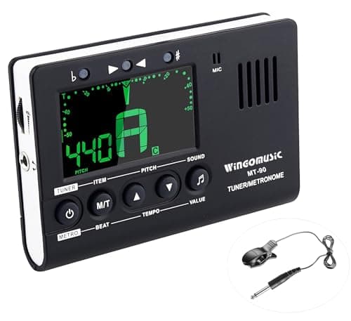 Metrônomo digital preto WinGoMusic com tela, entrada de microfone e clipe de microfone.