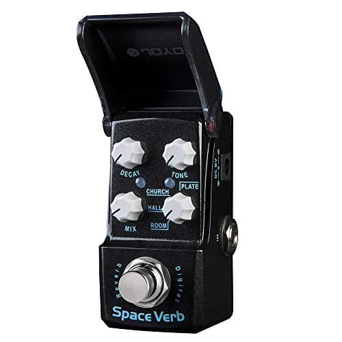 Pedal de efeito digital para guitarra JOYO Space Verb JF-317, modo True Bypass, quatro modos de reverberação, pedal preto com botões brancos rotulados.