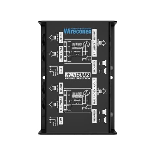 Direct Box Passivo Duplo Wireconex WDI 500.2 Casador de impedância, caixa preta com diagramas e texto explicativo.