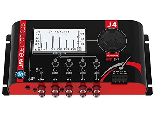 Processador de áudio JFA Redline, controles de volume e equalização, logotipo JFA, texto Redline, fundo branco