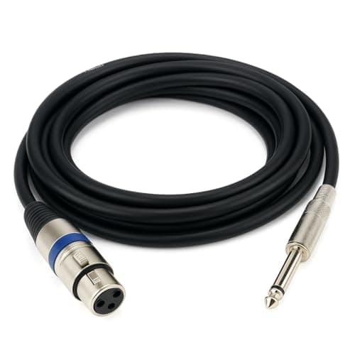 Cabo P10 Mono + XLR Fêmea Para Instrumentos 2 Metros, preto com conectores prata e azul.