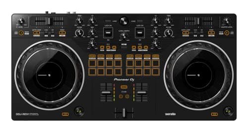 Controladora Pioneer DJ DDJ-REV1 com jog wheels e botões de função em fundo branco