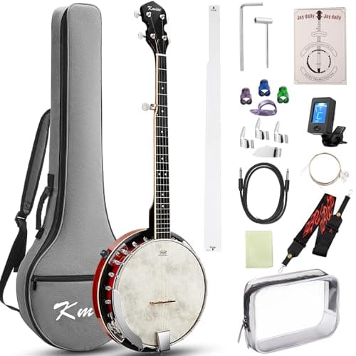 Kmise Banjo, Banjos acústicos elétricos de 5 cordas com cabeça remo tamanho completo 96 cm fechado atrás com ressonador removível, pacote de cordas, palitos de dedo, alça, estojo para iniciantes e