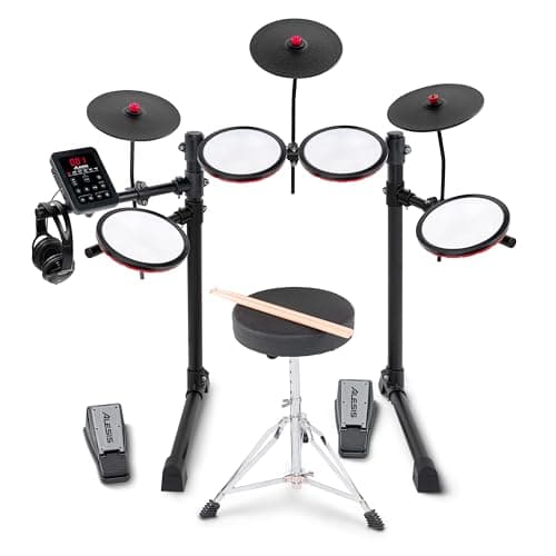 Kit de bateria eletrônica Alesis com módulo de som, pedais, baqueta e banco
