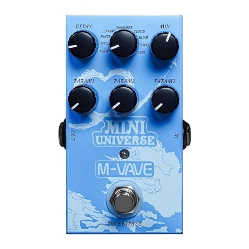 Pedal de efeitos Mini Universe para guitarra elétrica, azul, com botões de controle rotulados e design True Bypass.