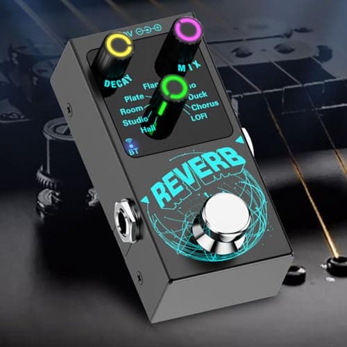 Pedal de reverb digital MEDIORAYS para guitarra, nove modos, caixa em liga de alumínio, botão central com LED verde, texto 'REVERB', ajustes de Decay, Mix, Flar, Plate, Room, Studio, Hall