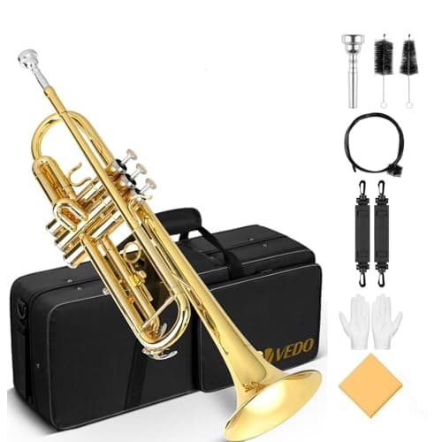 VEDO Conjunto Trompete Standard Bb Student - Trompete de metal Latão para estudantes com bocal rígido 7C e luvas, Estojo Rígido, adequado para iniciantes ou estudantes avançados, orquestras, dourado