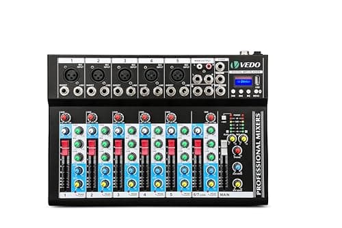 VDA107L Mixer de Áudio Profissional 7 Canais,Bluetooth 5.0, USB Phantom Power 48V Placa Som Digital com 6 Modos Efeito, Ideal para Shows ao Vivo Casamentos Podcasts Transmissões e Gravação em Estúdio