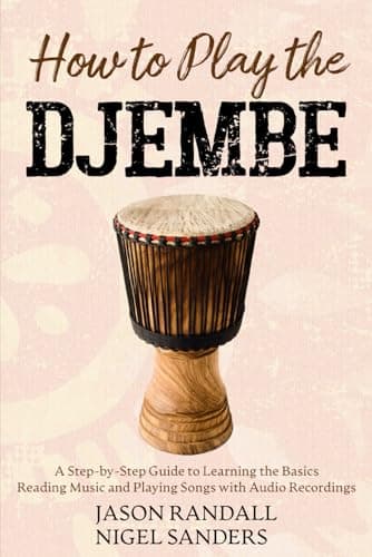Djembe africano com fundo rosa pálido e título 'How to Play the Djembe'.