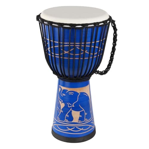 Djembe azul com pele de cabra esculpida, detalhes em preto e dourado, com imagem de elefante.
