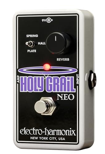 Pedal de reverberação Electro-Harmonix Neo Reverb Holy Grail, compacto com painel preto e branco, botão de controle com LED vermelho e texto 'HOLY GRAIL NEO'.