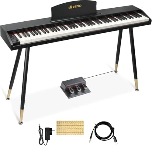 VEDO Teclado Musical, 88 Teclas Piano Digital Kit, Piano Digital para Iniciantes, 800 Tons, 600 ritmos, 80 Canções de Demonstração, Profissional Pedal Triplo, MIDI-USB, IOS, Pad, Win, Android, Preto