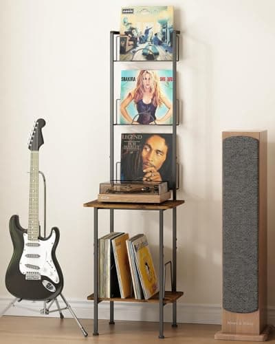 Suporte para Toca-Discos de 2 Níveis com Armazenamento de Vinil, Três Discos Podem ser Exibidos, Estante Decorativa Multifuncional para Sala de Estar Quarto e Escritório