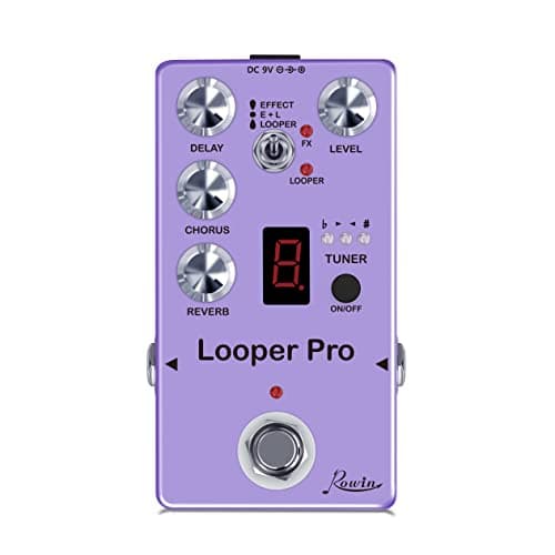 Pedal multiefeitos para guitarra Rowin Looper Pro com visor digital, controles de Delay, Chorus, Reverb e Tuner.
