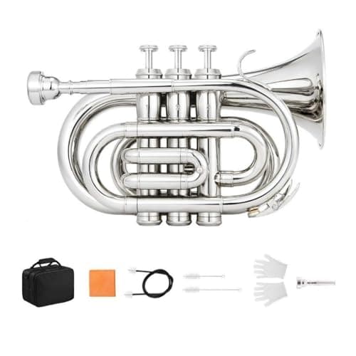 VEDO Pocket Trompete Bb FlatCom Bocal de 7c, Pano de Limpeza, Luvas for Beginners Students, Profissional Trompete, Trumpetde Latão, de Blauta B, Instrumento de Infantil prata