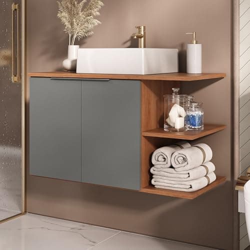 Gabinete Banheiro UP 80cm (armario + cuba) (Madeirado/Cinza)