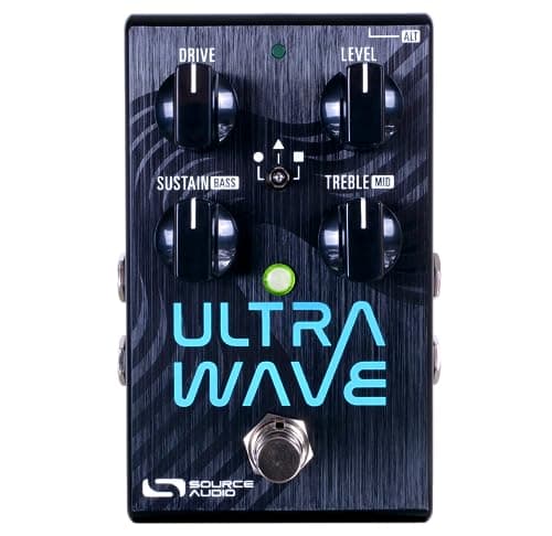 Pedal de processador de guitarra multibanda Source Audio One Series Ultrawave, painel frontal preto com botões de ajuste e texto em azul.