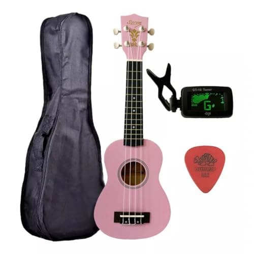 Ukulele rosa soprano com estojo, palheta e afinador digital em fundo branco