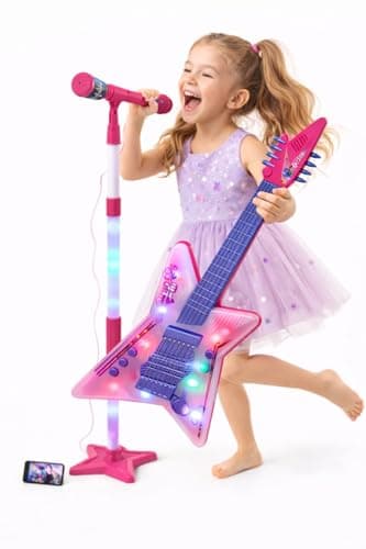 Guitarra infantil rosa com LED e microfone em forma de pedestal, com luzes piscando.