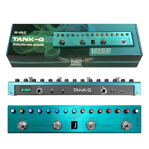 Pedal de guitarra multi-efeitos M-VAVE Tank-G, vista frontal, superior e inferior com botões coloridos e display LCD.