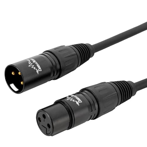 Cabo XLR macho para XLR fêmea de 0,5m, preto, conectores robustos, fundo branco, logo da marca visível.
