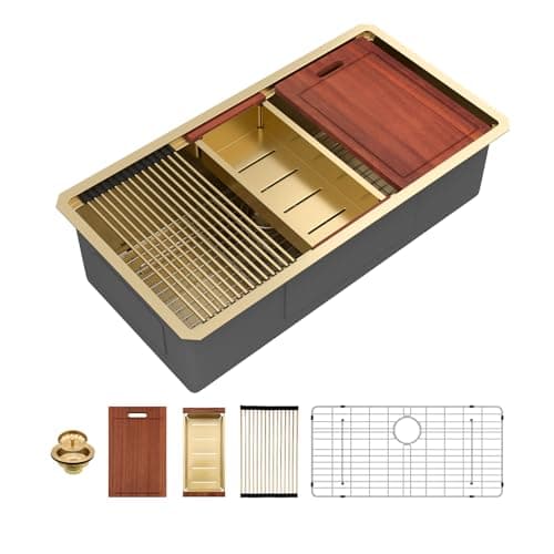 Sarlai Pia de cozinha 36 Gold Undermount Workstation – Pias de cozinha de 91 x 48 cm com borda NANO-Tech Gold Sink Round Corner de aço inoxidável calibre 16 para pia única
