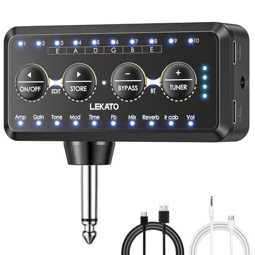 Microamplificador de fone de ouvido Lekato para guitarra e baixo, preto com controles e conectores visíveis.
