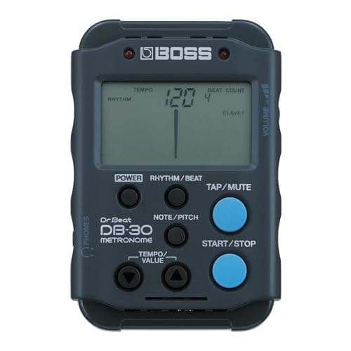 Metronomo e afinador de guitarra DB-30 da Boss com display digital e botões azuis