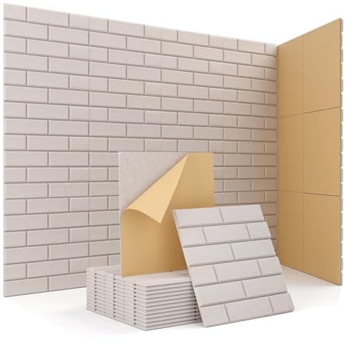 Kuchoow Painéis acústicos de parede para sala e escritório, absorção de som, pacote com 12 unidades, estampa de tijolos, bege, arte autoadesiva, tratamento acústico, azulejos para porta de teto