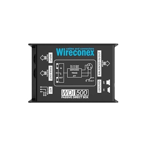 Caixa direta passiva Wireconex WDI-500 em preto, com diagrama e texto na frente