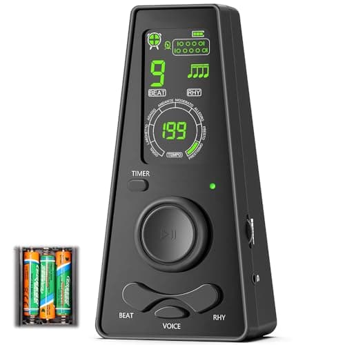 Metrônomo com Controle de Volume(Inclui 3 Pilhas AAA), Metronomo Digital com Temporizador, 7 * 4 * 14 CM, Tela Colorida e Avisos de Batida em Inglês
