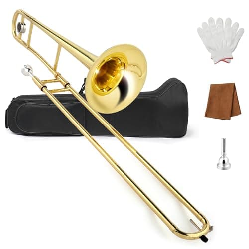 Ktaxon B Trombone tenor plano com bocal, trombones de latão Slide Bb para iniciantes, instrumento portátil inclui pano de limpeza, luvas e estojo de trombone (dourado)