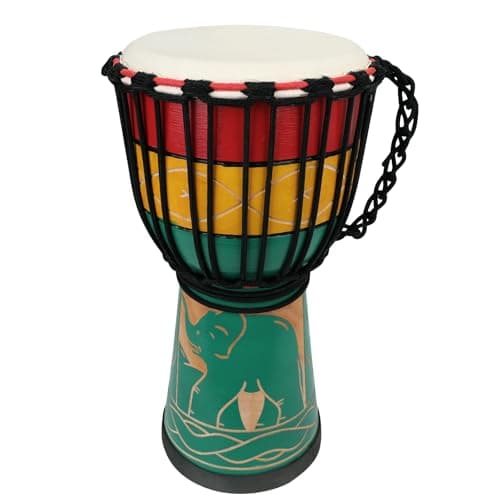 Djembe africano de madeira de mogno com pele de cabra, vermelho, amarelo e verde, com elefante colorido.
