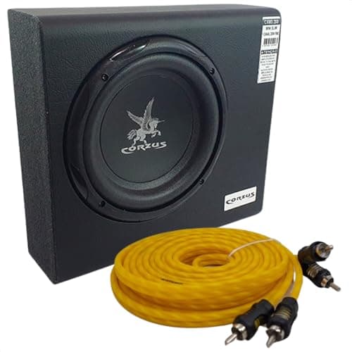 Caixa de som automotiva Corzus 200W Mini Slim Subwoofer 8'' amplificada, preto, com cabos RCA