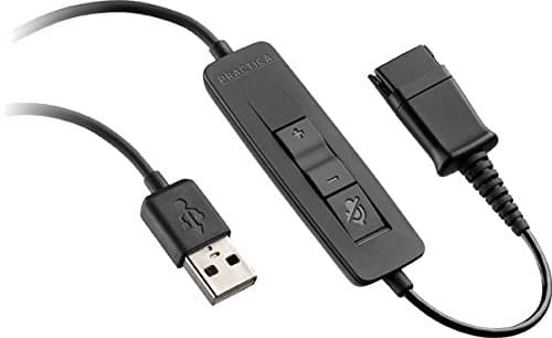 Processador de áudio USB da Plantronics, com conector USB e fone de ouvido, botão de controle de volume e silenciamento de microfone.