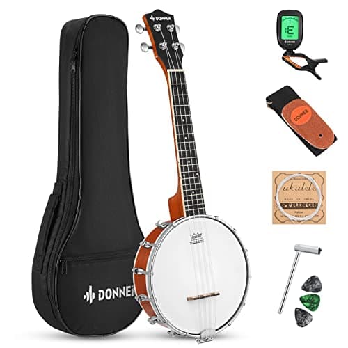 Donner Banjolele Kit de Ukulele Banjo de 4 Cordas Instrumentos Musicais para Adultos Iniciantes com Sintonizadores de Banjo, Gig Bag, Palhetas, Esqueleto Sapele de 58 cm