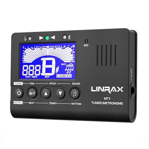 Afinador digital Linrax MT1 com tela azul e controles para afinação, tom e ritmo