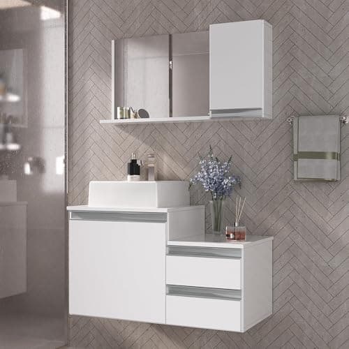 Gabinete Banheiro Desmontado com Cuba e Espelho Cross 60cm (Branco Inteiro)